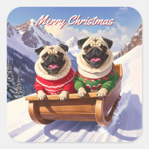 Pugs Sled Ride Christmas Square Sticker