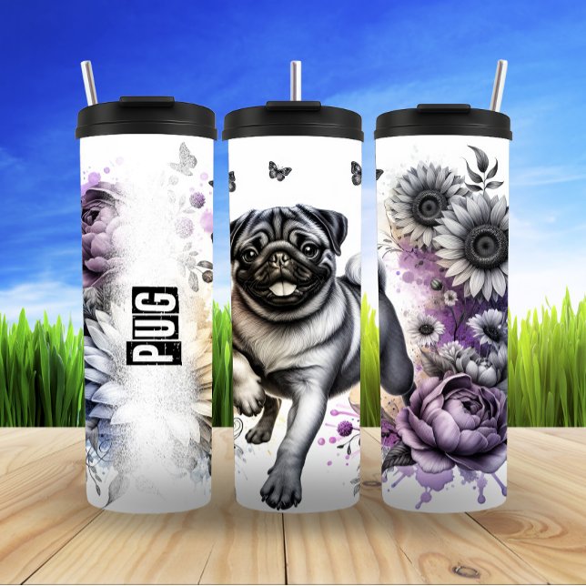 Pug's Whimsical Floral Frolic Thermal Tumbler (Creator Uploaded)