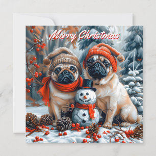 Pugs with Snowman Pack of Flat Christmas Card