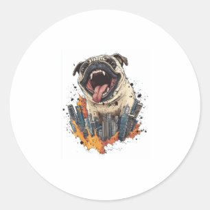 Pugzilla Attacks � Funny Monster Dog Classic Round Sticker