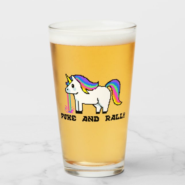 Puke & Rally Rainbow Unicorn Pint Glass | Pixel (Front Filled)