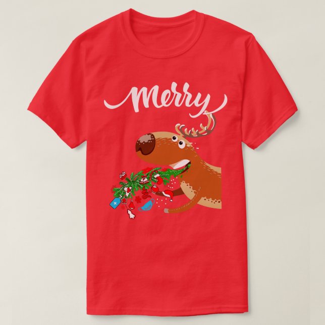 Puking Deer Ugly Christmas T-Shirt (Design Front)