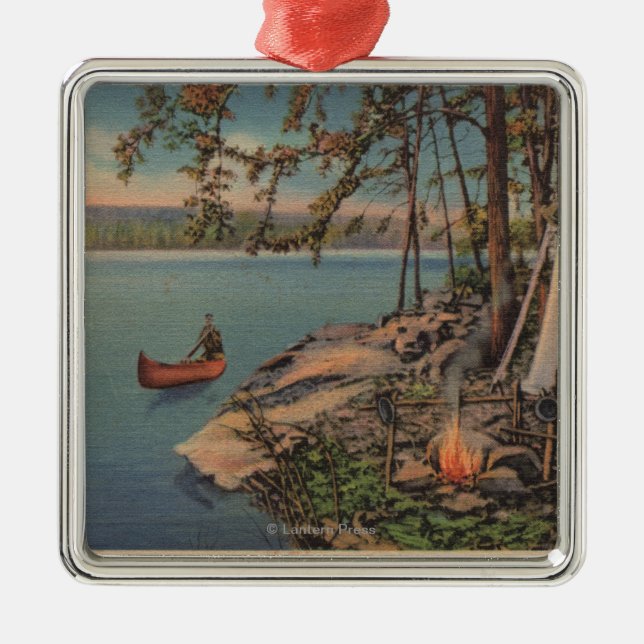 Pulaski, NY View of Canoe, Camping, Tent, Lake Metal Tree Decoration (Front)
