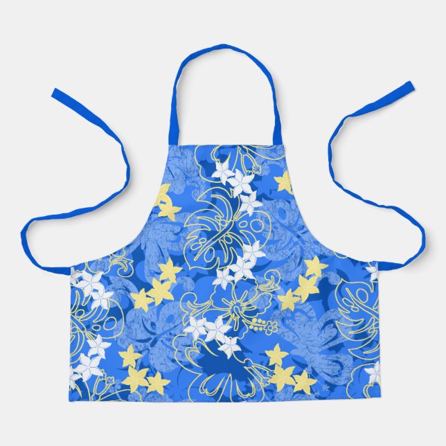 Pulelehua Butterfly Hibiscus Hawaiian Blue Apron (Front)
