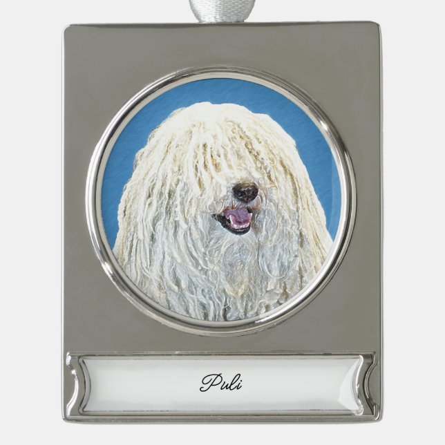 Puli Painting - Cute Original Dog Art Silver Plate Silver Plated Banner Ornament (Front)