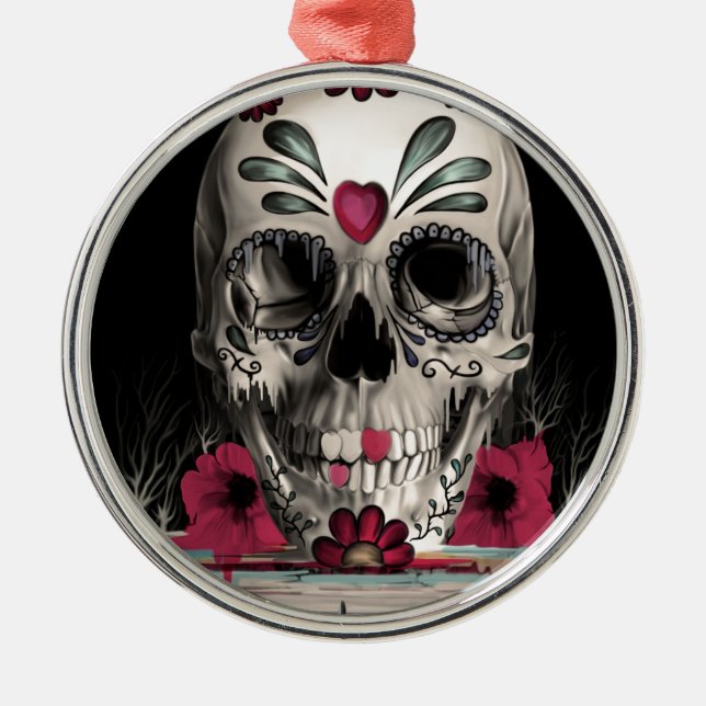 Pulled sugar, melting sugar skull metal tree decoration (Front)