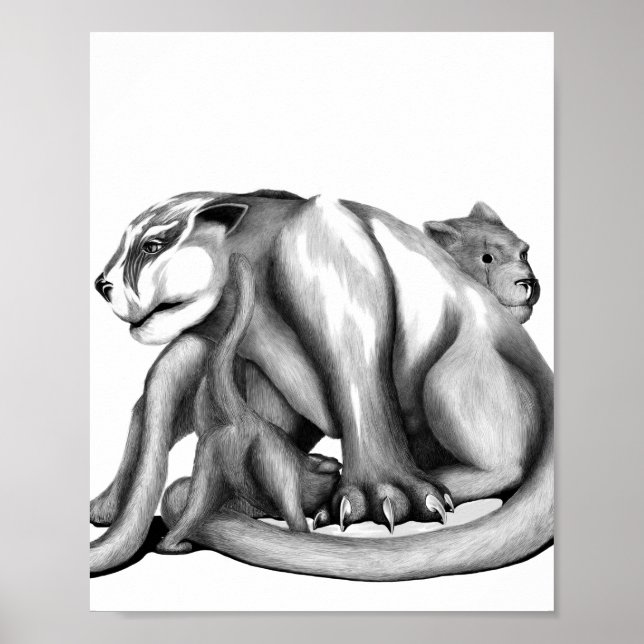 Puma family black and white line art drawing poster (Front)