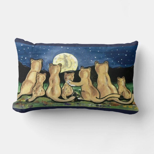 Puma Mountain Lion Family and Moon Designer Pillow (Front)