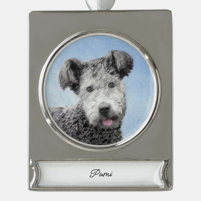 Pumi Painting - Cute Original Dog Art Silver Plate Silver Plated Banner Ornament (Front)