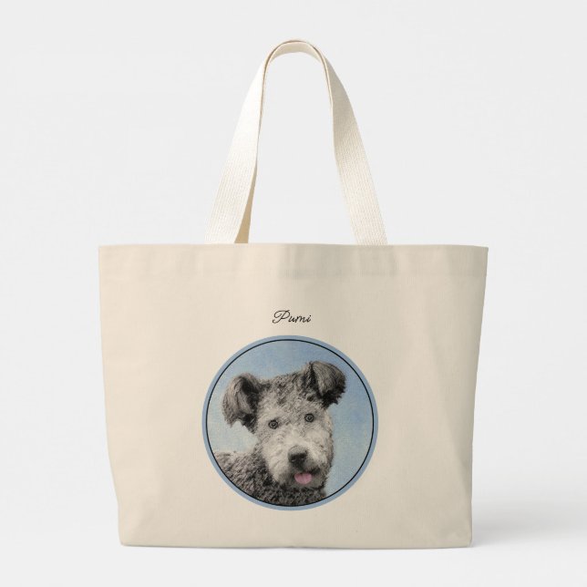 Pumi Painting Grey Pumik Cute Original Pet Dog Art Large Tote Bag (Back)