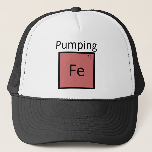 Pumping Iron Periodic Table Chemistry Element Trucker Hat (Front)