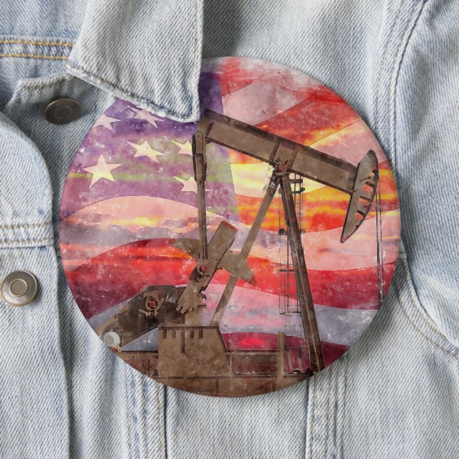 Pumpjack silhouette pastel drawing American Flag 6 Cm Round Badge (In Situ)