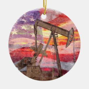 Pumpjack silhouette pastel drawing American Flag Ceramic Tree Decoration