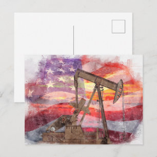 Pumpjack silhouette pastel drawing American Flag Postcard