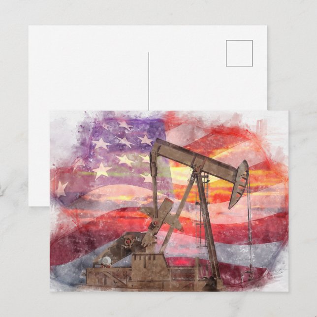 Pumpjack silhouette pastel drawing American Flag Postcard (Front/Back)