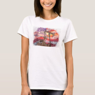 Pumpjack silhouette pastel drawing American Flag T-Shirt