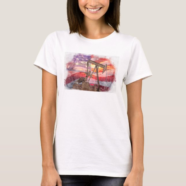 Pumpjack silhouette pastel drawing American Flag T-Shirt (Front)