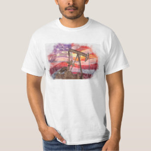 Pumpjack silhouette pastel drawing American Flag T-Shirt