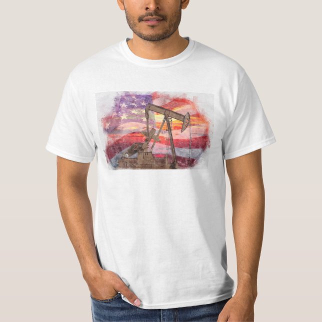 Pumpjack silhouette pastel drawing American Flag T-Shirt (Front)