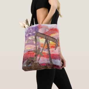 Pumpjack silhouette pastel drawing American Flag Tote Bag