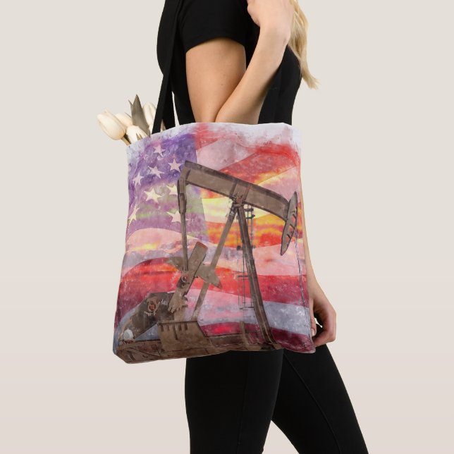 Pumpjack silhouette pastel drawing American Flag Tote Bag (Close Up)