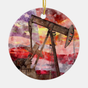 Pumpjack silhouette watercolor with American Flag Ceramic Tree Decoration