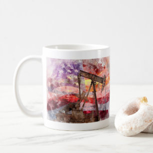 Pumpjack silhouette watercolor with American Flag Coffee Mug