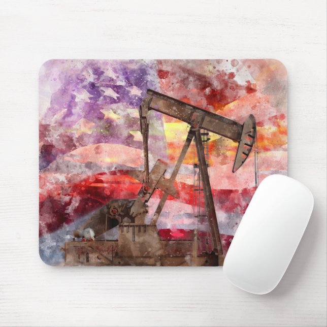 Pumpjack silhouette watercolor with American Flag Mouse Mat (With Mouse)