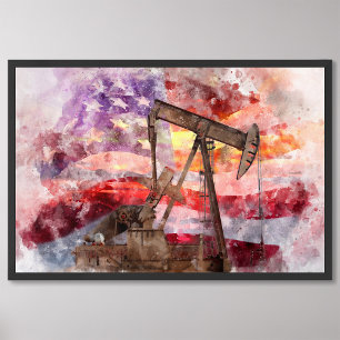 Pumpjack silhouette watercolor with American Flag Photo Print