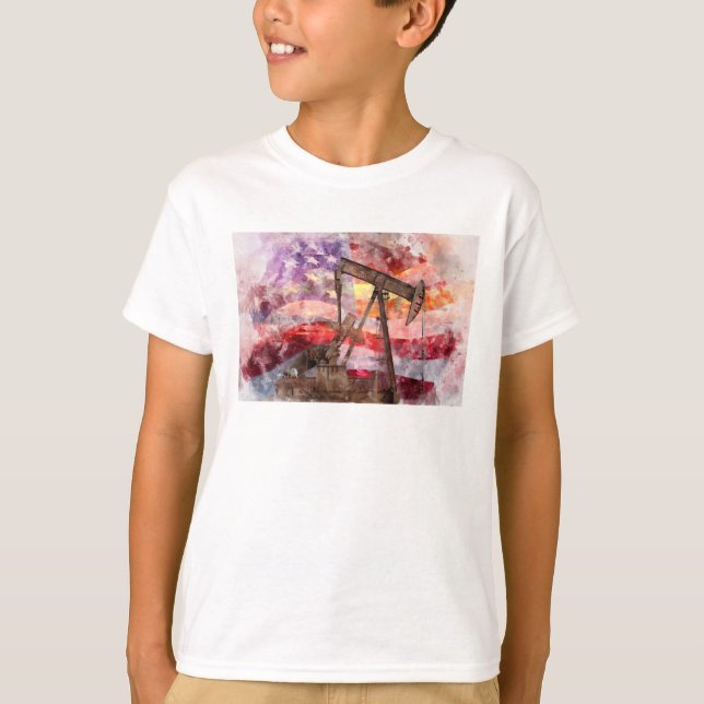 Pumpjack silhouette watercolor with American Flag T-Shirt (Front)