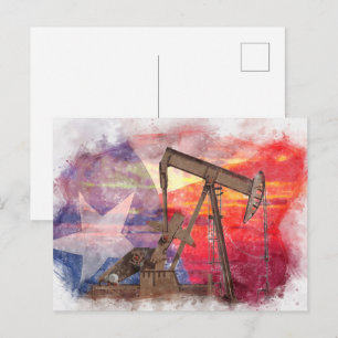 Pumpjack Texan icon pastel drawing with Texas Flag Postcard