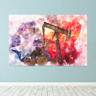 Pumpjack Texan icon watercolor with Texas Flag Canvas Print