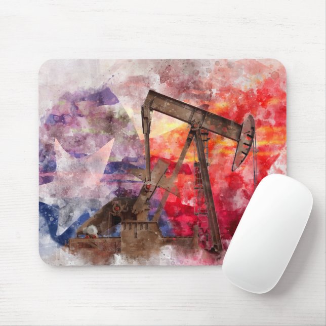 Pumpjack Texan icon watercolor with Texas Flag Mouse Mat (With Mouse)