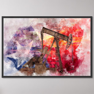 Pumpjack Texan icon watercolor with Texas Flag Photo Print