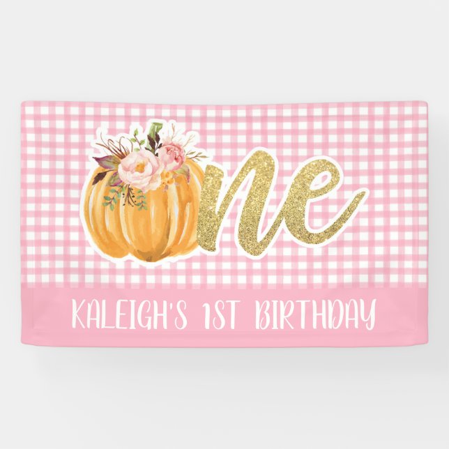 Pumpkin 1st Birthday Banner - Girl Pink Plaid (Horizontal)