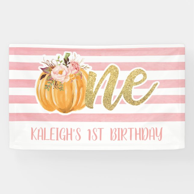 Pumpkin 1st Birthday Banner - Girl Pink Stripes (Horizontal)