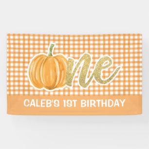 Pumpkin 1st Birthday Banner - Orange Plaid