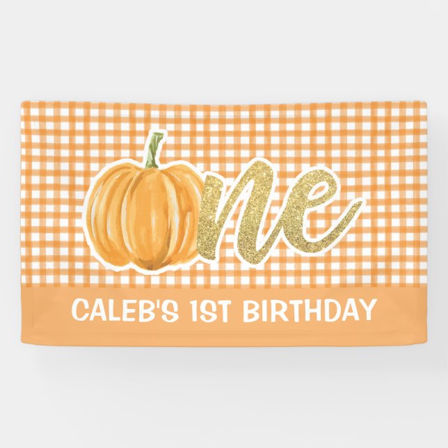 Pumpkin 1st Birthday Banner - Orange Plaid (Horizontal)