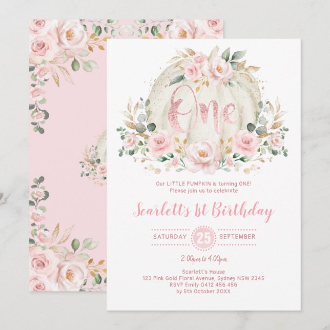 Pumpkin 1st Birthday Blush Pink floral Rose Gold Invitation (Front/Back)
