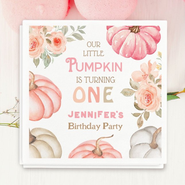 Pumpkin 1st Birthday Bold Pink Girl Floral Paper Napkin (Creator Uploaded)