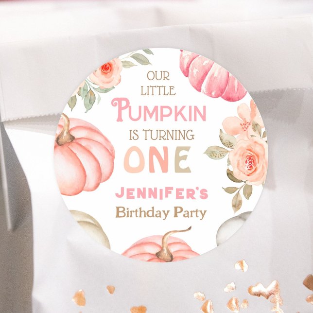 Pumpkin 1st Birthday Bold Pink Girl Floral Party Classic Round Sticker (Creator Uploaded)