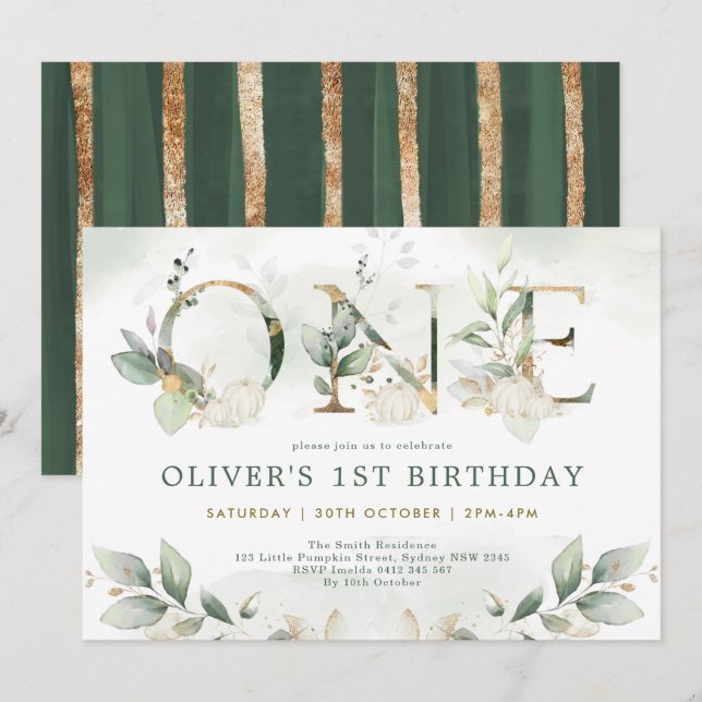 Pumpkin 1st Birthday Fall Greenery Gold Party Invitation (Front/Back)