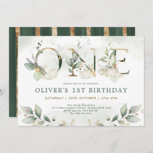 Pumpkin 1st Birthday Fall Greenery Gold Party Invitation