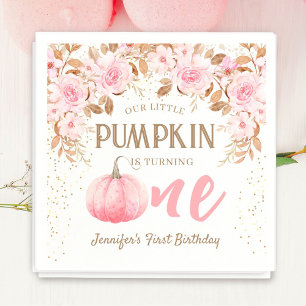 Pumpkin 1st Birthday Girl Pink Golld Fall Floral F Napkin