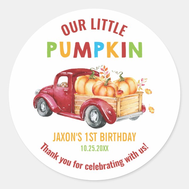 Pumpkin 1st Birthday Harvest Truck Favour Thank Classic Round Sticker (Front)