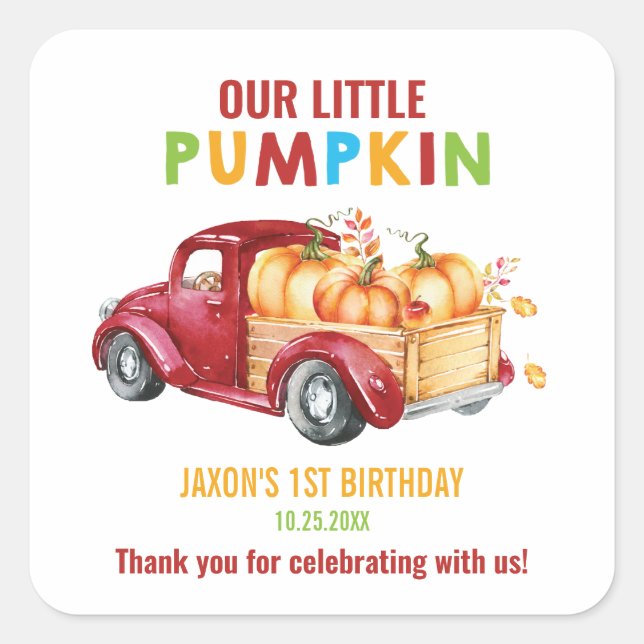 Pumpkin 1st Birthday Harvest Truck Favour Thank Yo Square Sticker (Front)
