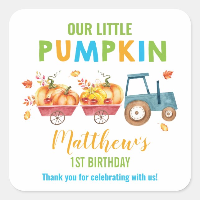 Pumpkin 1st Birthday Harvest Truck Favour Thank Yo Square Sticker (Front)