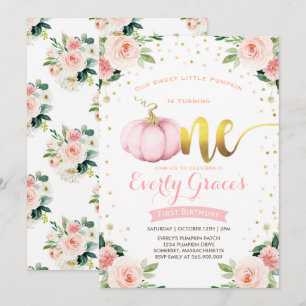 Pumpkin 1st Birthday Invitation Blush Pink Gold