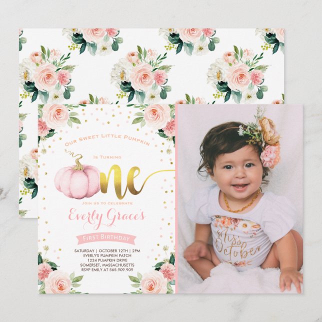 Pumpkin 1st Birthday Invitation Blush Pink Gold (Front/Back)