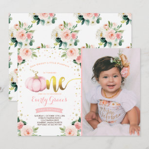 Pumpkin 1st Birthday Invitation Blush Pink Gold